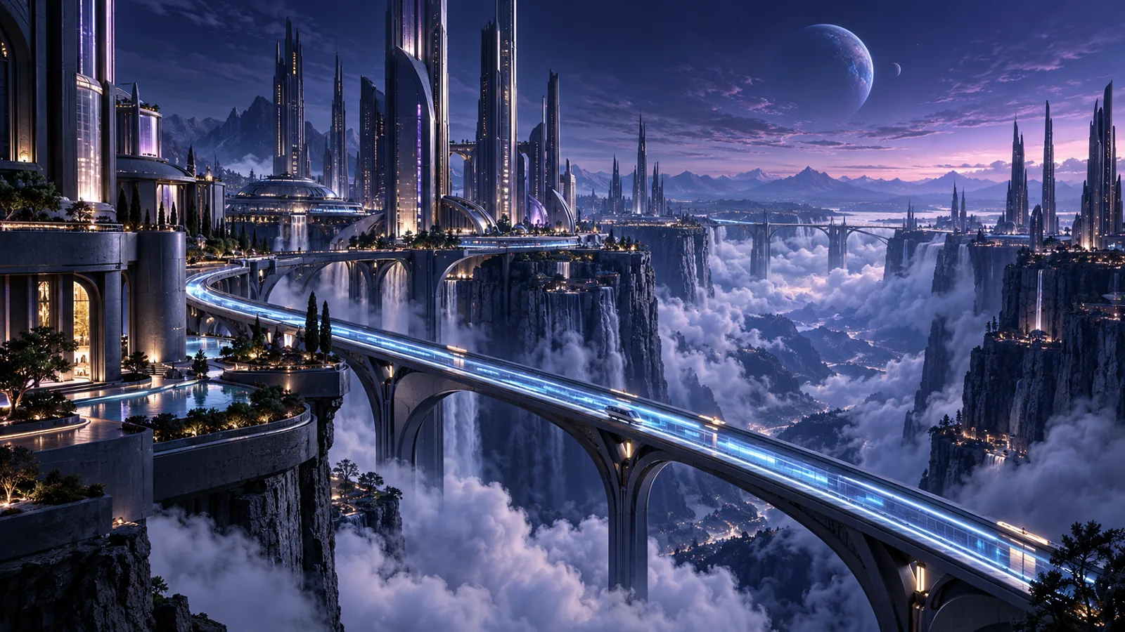 A cinematic imagined city framed by immense canyon walls